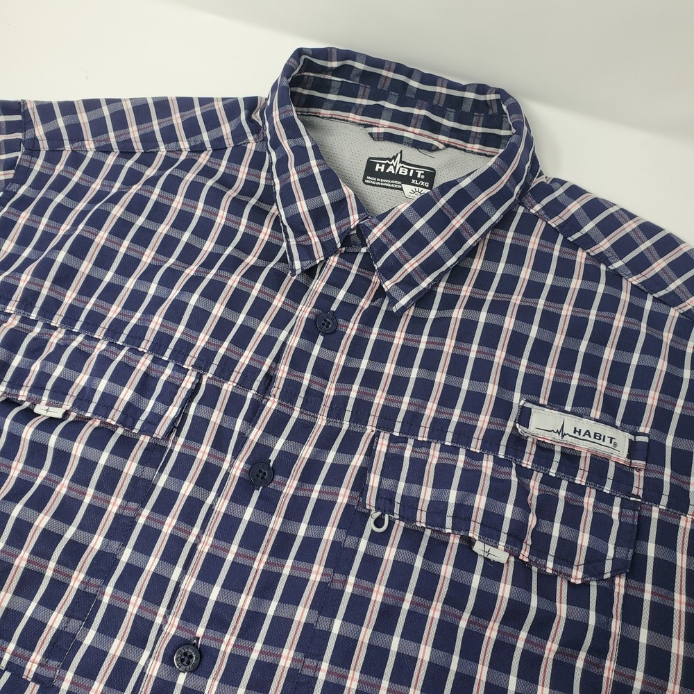 Habit Shirt Mens XL Fish Finder Peacoat Plaid Blue Button Down Short Sleeve